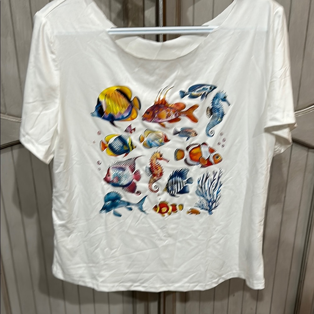 Colorful Fish Print White T-Shirt